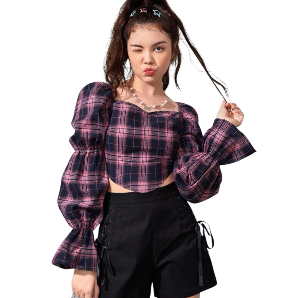 Shein Plaid Puff Sleeve Crop Top Size XS Pink Black Y2K Grunge Soft‎ Gothic
